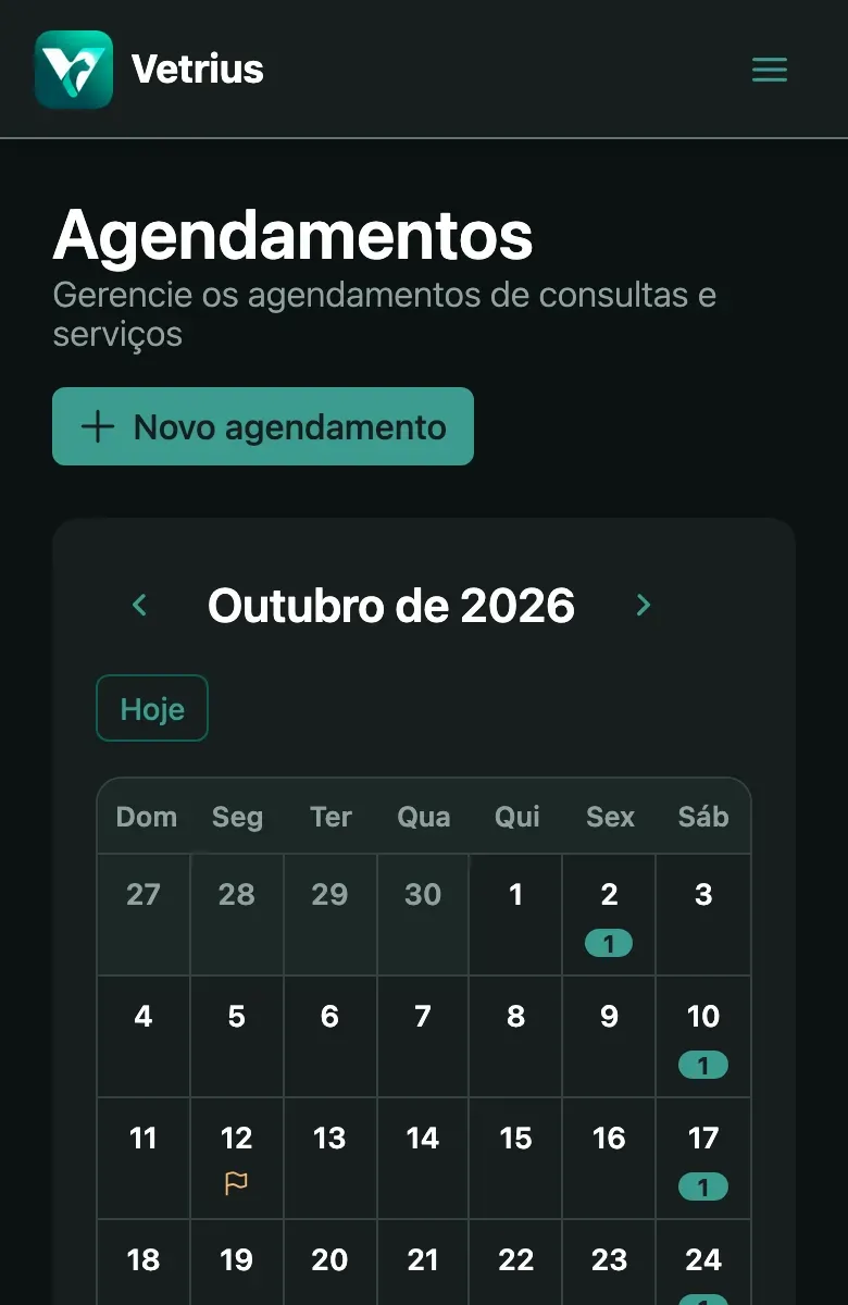 Tela de Agendamentos no celular com o tema escuro: o calendário de outubro de 2026, a quantidade de agendamentos em cada dia e o feriado do dia 12 marcado com uma bandeira.