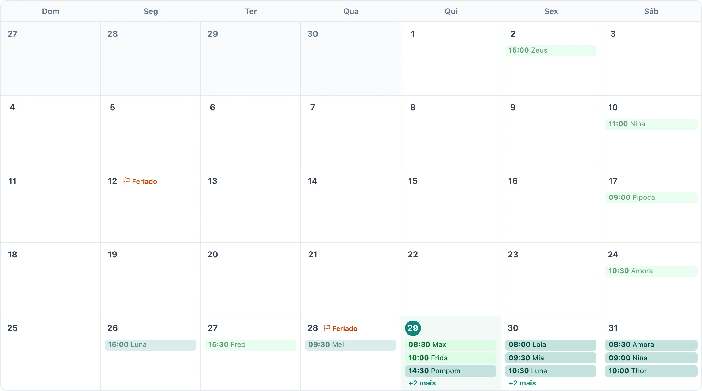 Calendário de outubro de 2026 na tela de Agendamentos, com o horário e o pet de cada agendamento e os feriados marcados nos dias 12 e 28.