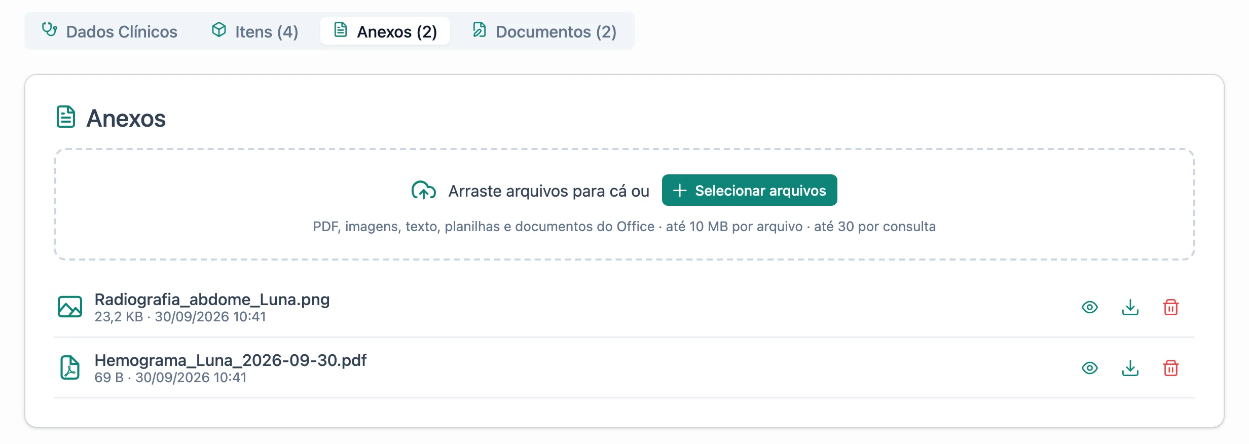 Aba Anexos da consulta, com área para arrastar arquivos e a lista de uma radiografia e um hemograma anexados.