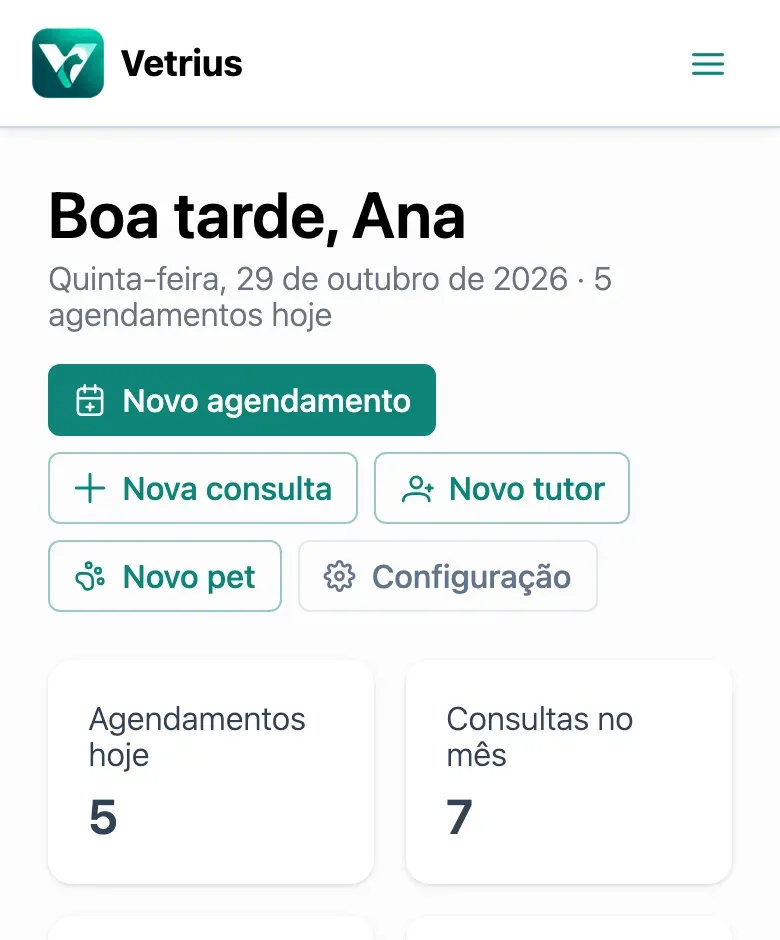 O mesmo painel no celular, com o menu recolhido, os atalhos e os números do dia.